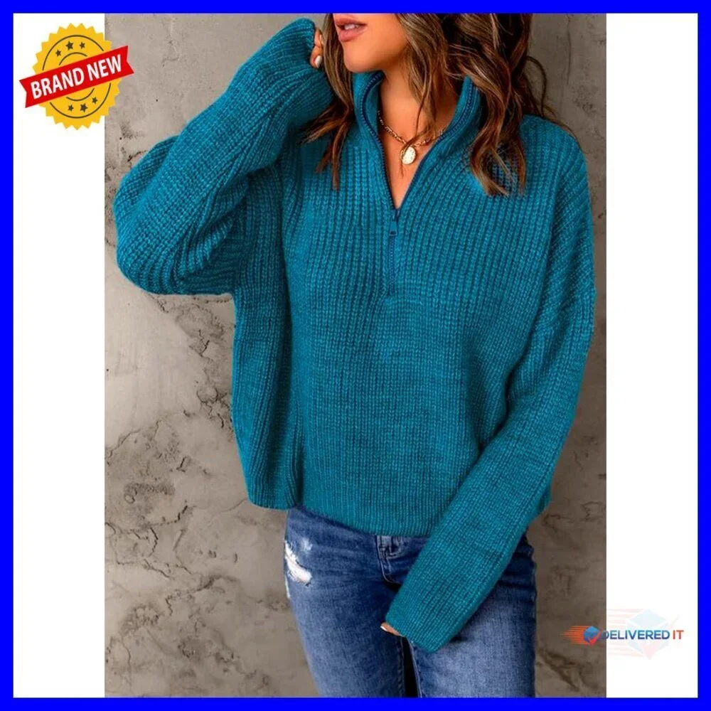 Long Sleeve 1/4 Zip Pullover Sweater V Neck Chic Casual Stretchy Knit Top